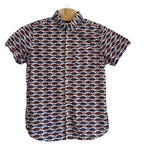Zipcode Fish Print Shirt Mens Large White Red Blue Short Sleeve Cotton